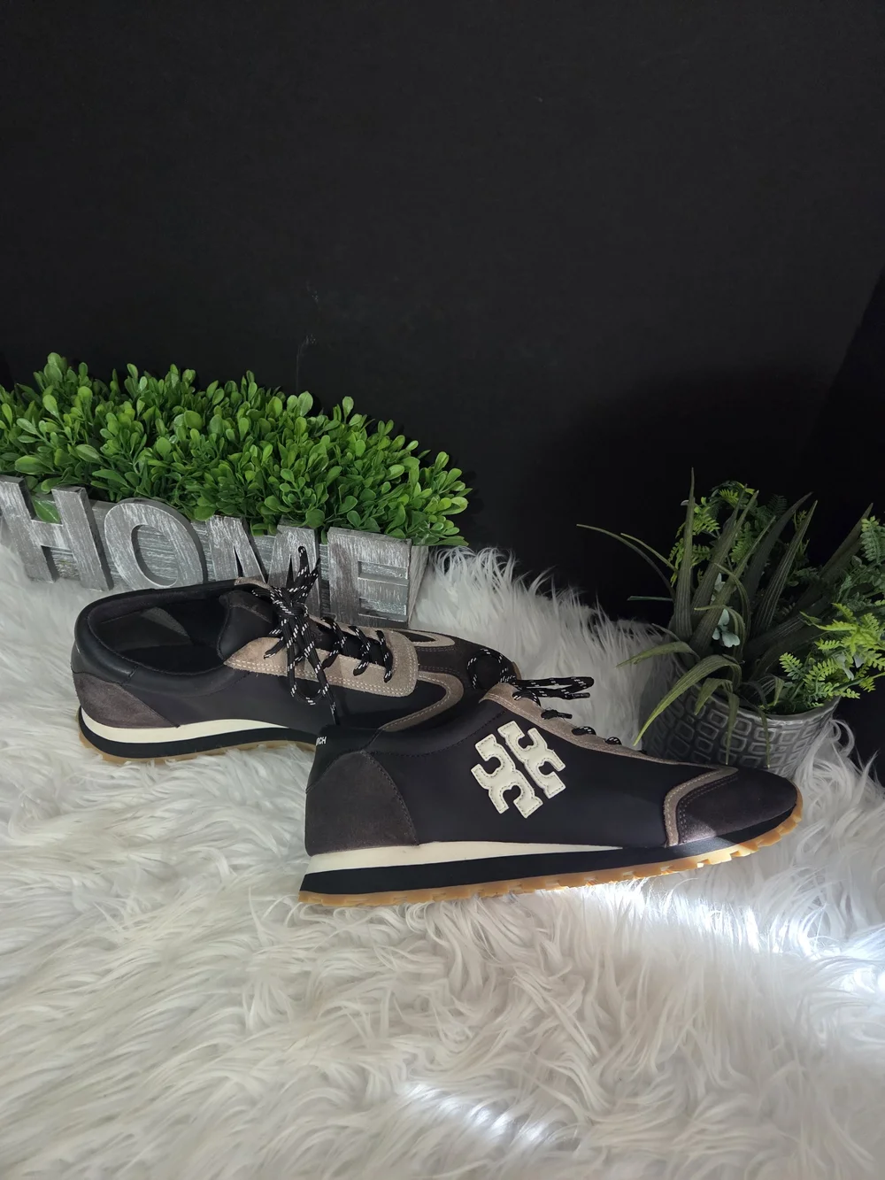 Tory Burch Black/Brown/Tan Vintage Nylon Lace-Up Women's Sneakers. Size 10.5